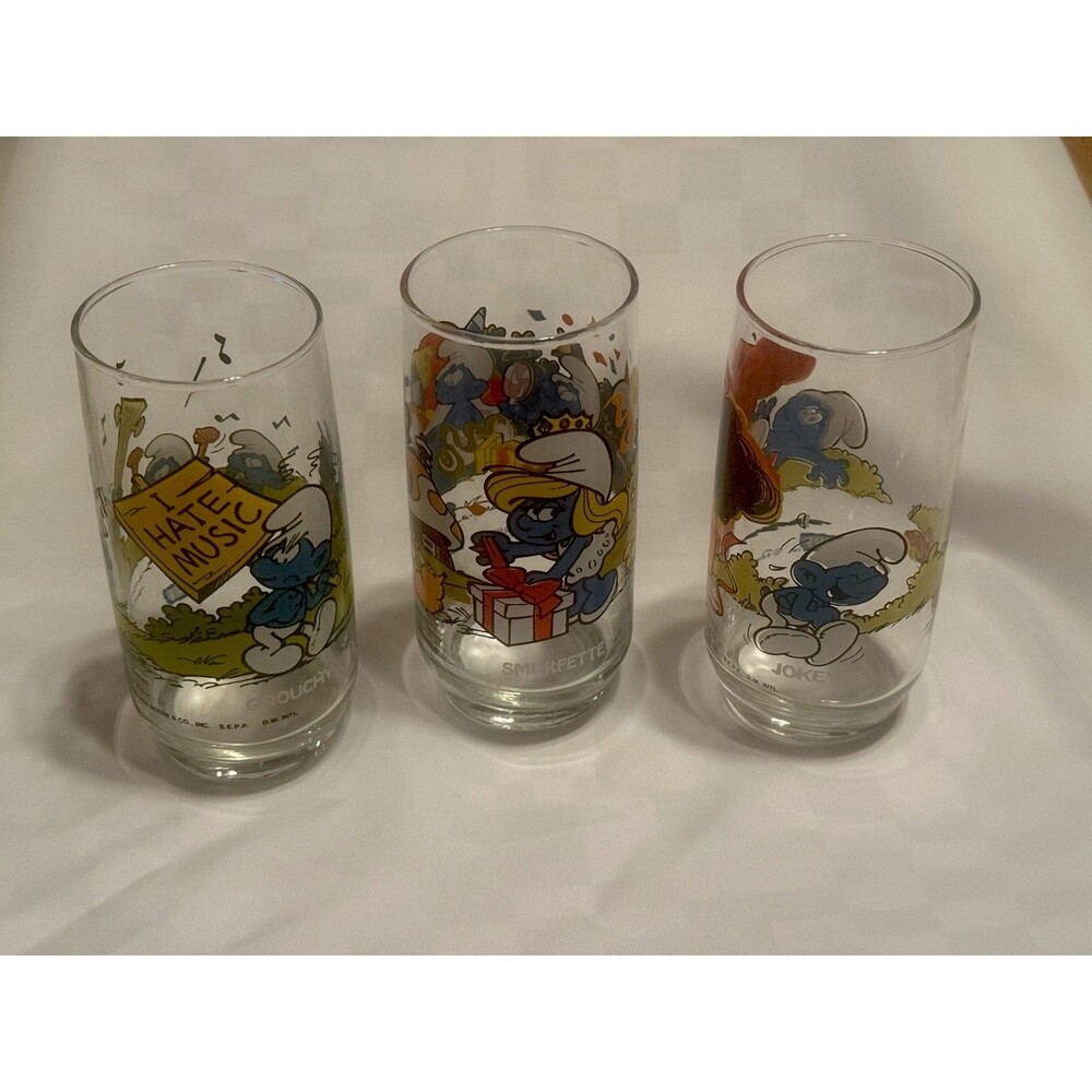 1980s Smurf Glasses Vintage Set Of 3 Smurfette, Grouchy &  Jokey Smurf